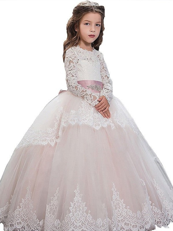 Tulle Sleeves Lace Ball Gown Floor-Length Long Jewel Flower Girl Dresses