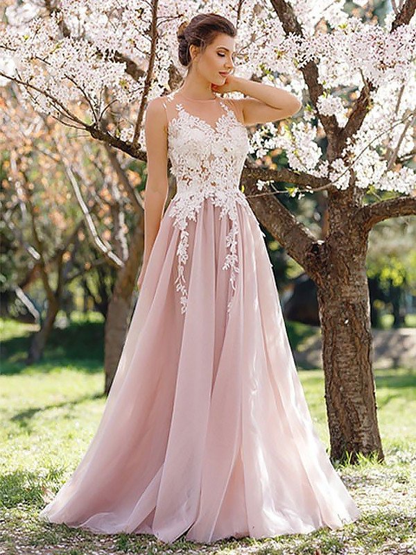 Jewel Floor-Length A-Line/Princess Sleeveless Applique Tulle Dresses