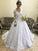 Court Ball Applique Train Gown V-neck Long Sleeves Satin Wedding Dresses