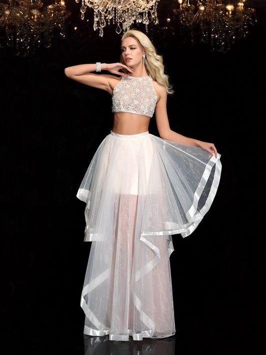 Applique Tulle Scoop Long A-Line/Princess Sleeveless Two Piece Dresses