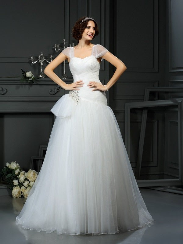 A-Line/Princess Sleeveless Long Beading Sweetheart Organza Wedding Dresses