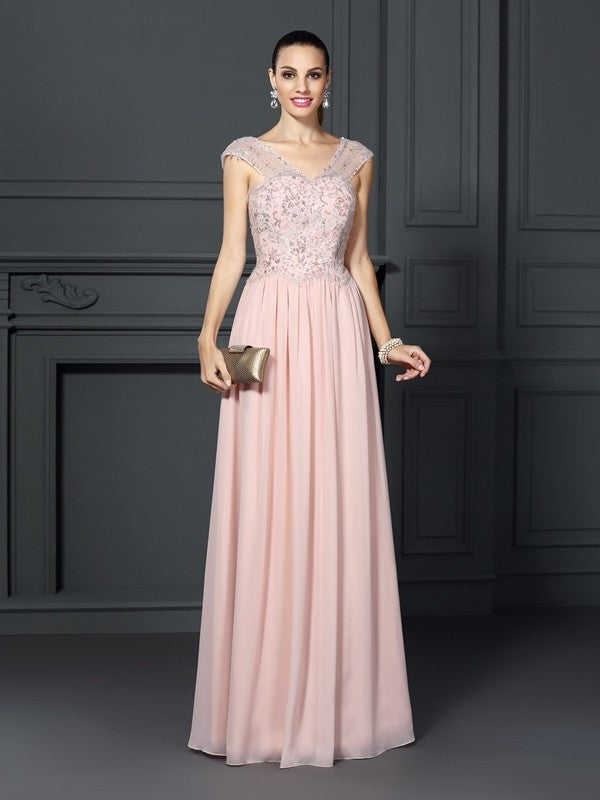 Sleeveless Applique A-Line/Princess Straps Long Chiffon Dresses