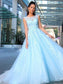 A-Line/Princess Sleeveless Scoop Tulle Applique Sweep/Brush Train Dresses