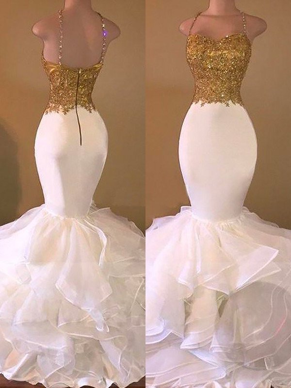 Spaghetti Trumpet/Mermaid Sleeveless Straps Applique Organza Floor-Length Dresses