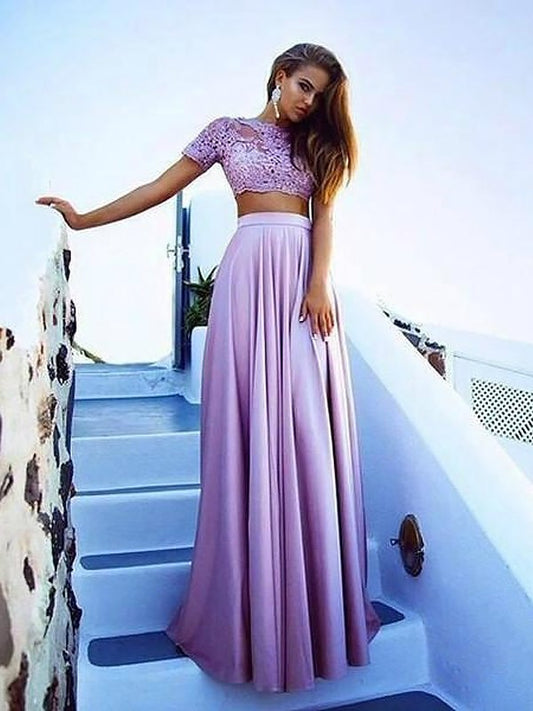 A-Line/Princess Short Sleeves Satin Bateau Floor-Length Lace Two Piece Dresses