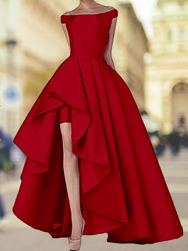 Sleeveless Off-the-Shoulder A-Line/Princess Asymmetrical Satin Dresses