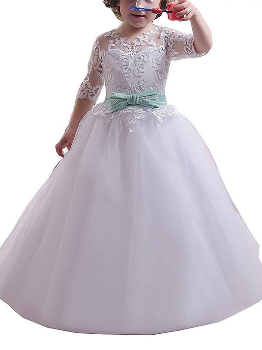 1/2 Tulle Ball Gown Sleeves Floor-Length Lace Jewel Flower Girl Dresses