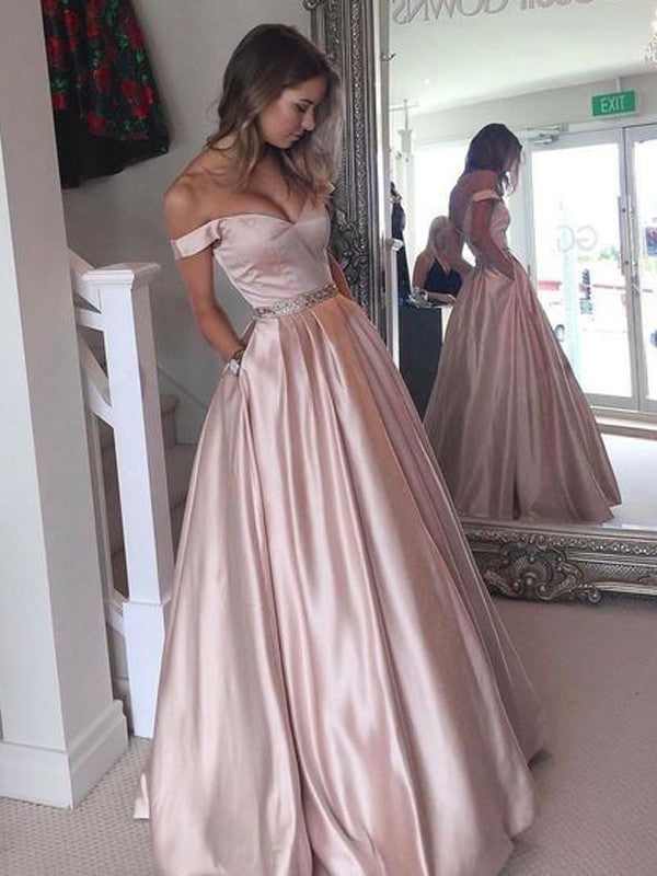 A-Line/Princess Off-the-Shoulder Sleeveless Floor-Length Satin Dresses
