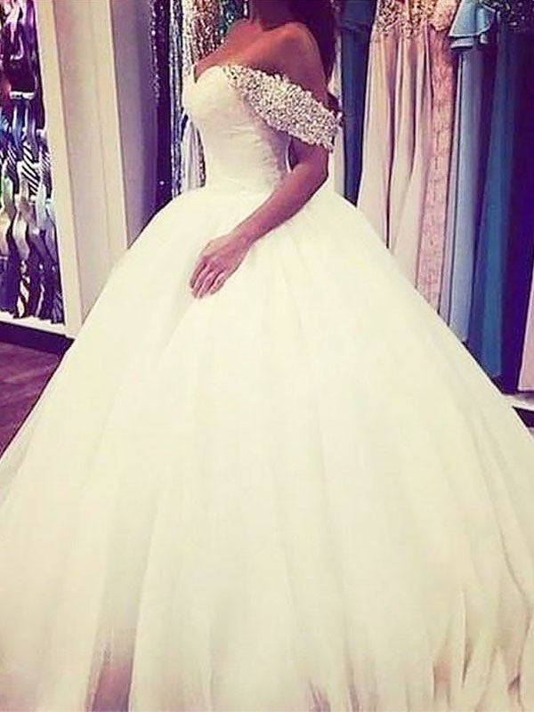 Off-the-Shoulder Gown Tulle Train Sweep/Brush Sleeveless Ball Beading Wedding Dresses