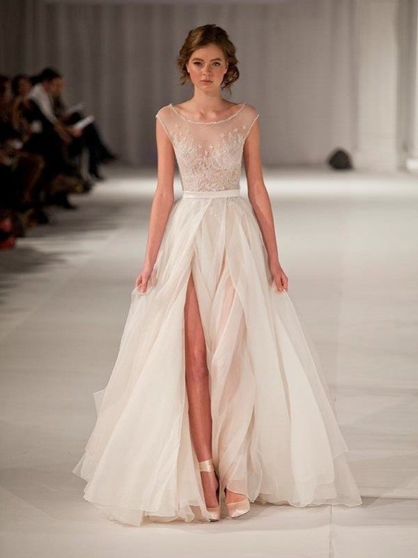 Short Sleeveless Scoop Sleeves Floor-length A-line/Princess Organza Prom Dresses