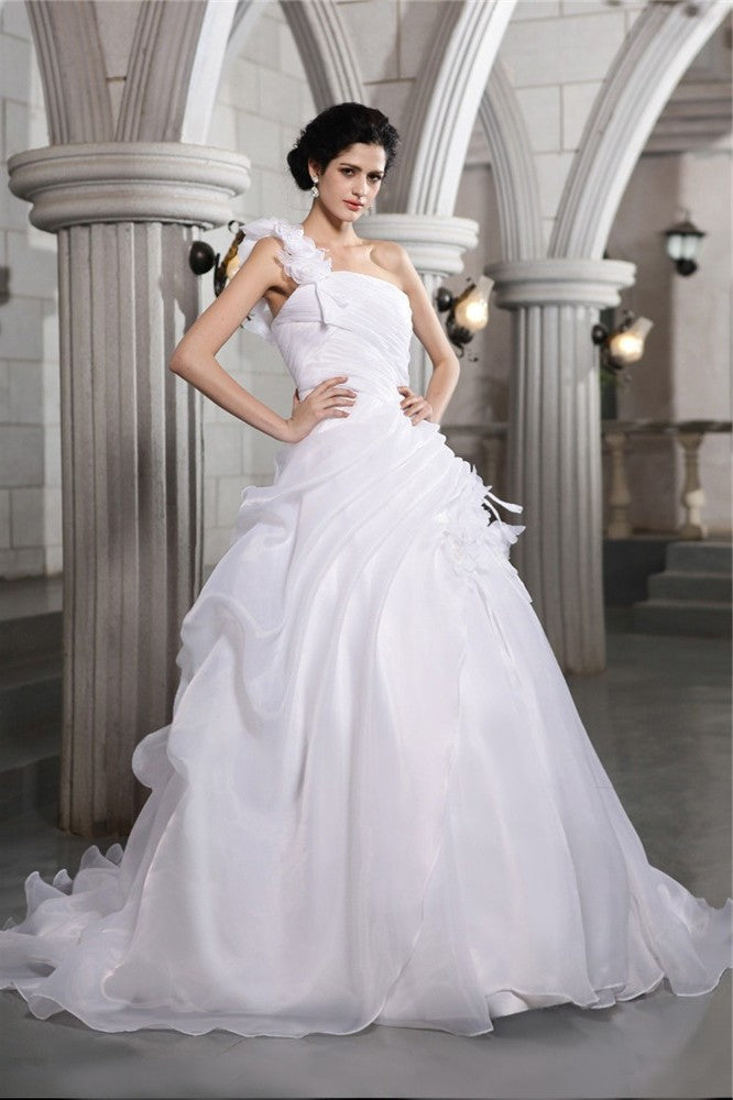 One-Shoulder Pleats Sleeveless Ball Gown Long Organza Wedding Dresses