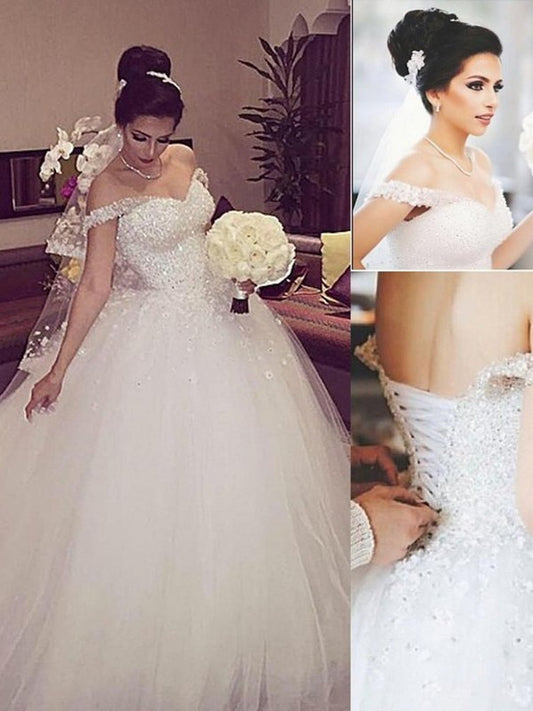 Sleeveless Lace Court Train Ball Gown Off-the-Shoulder Tulle Wedding Dresses
