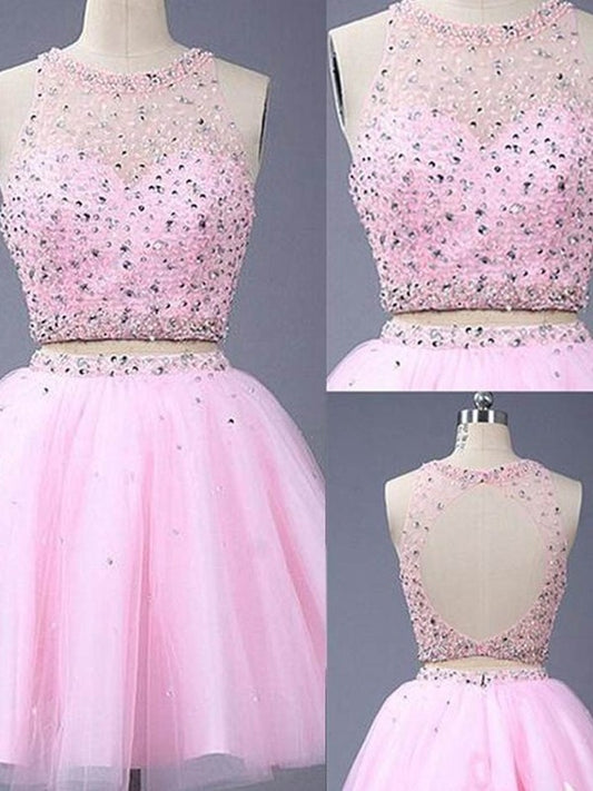 A-Line/Princess Short/Mini Tulle Beading Sleeveless Scoop Two Piece Dresses