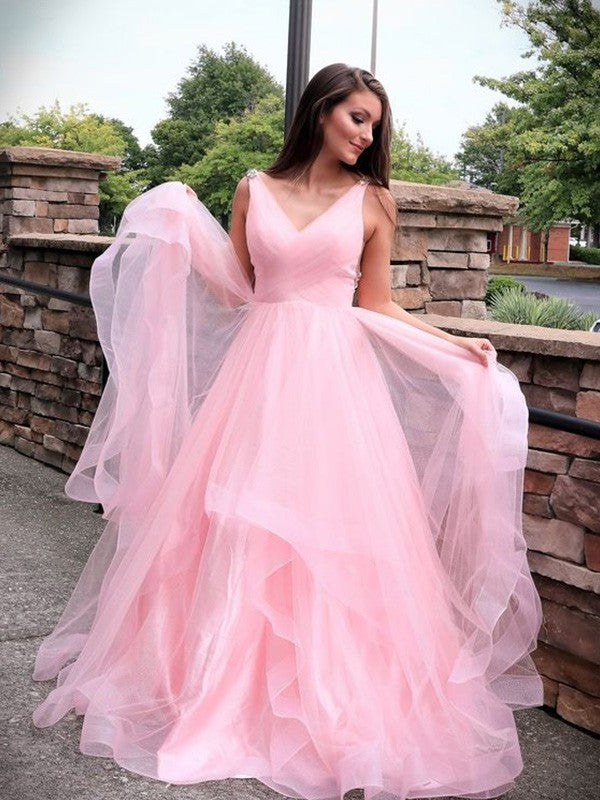 Sleeveless Sweep/Brush A-Line/Princess Tulle Ruched Train V-neck Dresses