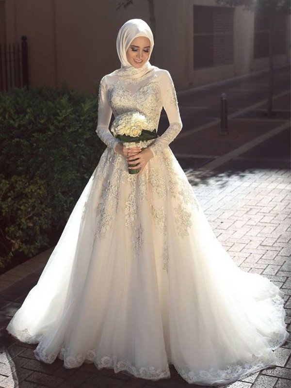 Gown Train Applique Sweep/Brush Sleeves Long Ball Jewel Tulle Wedding Dresses