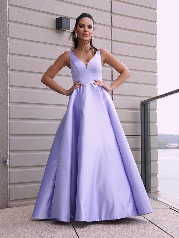 Satin V-neck Ruffles A-Line/Princess Sleeveless Floor-Length Dresses
