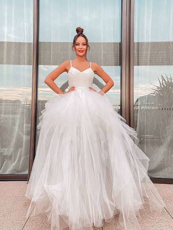 Ruched V-neck Tulle A-Line/Princess Sleeveless Floor-Length Wedding Dresses