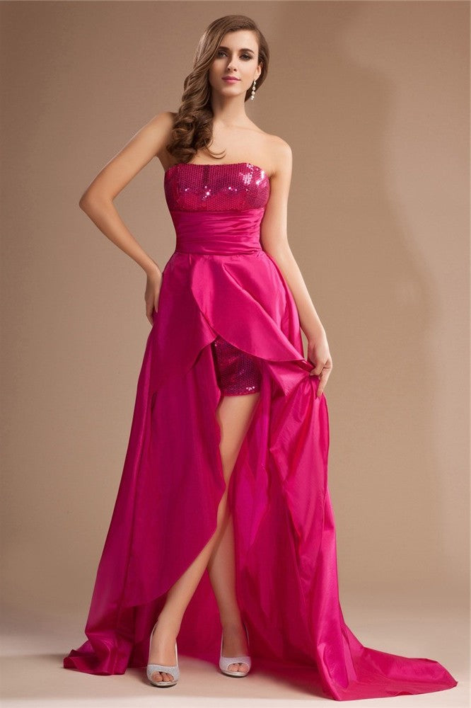 Sleeveless Strapless A-Line/Princess Lace High Sequin Low Taffeta Dresses