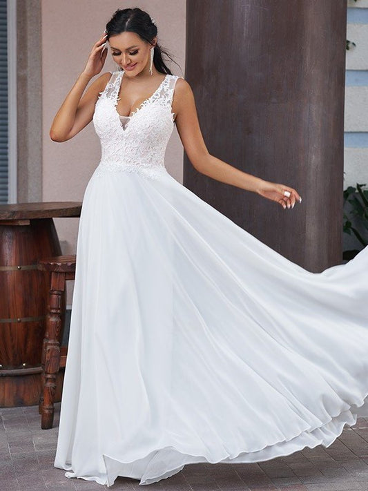 Lace Sleeveless V-neck A-Line/Princess Chiffon Sweep/Brush Train Wedding Dresses