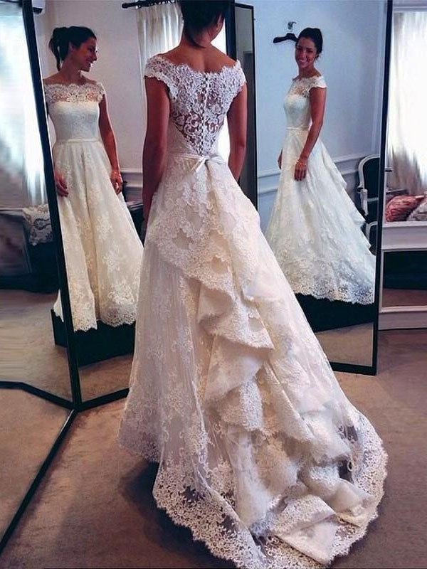 A-Line/Princess Scoop Train Sweep/Brush Lace Sleeveless Wedding Dresses
