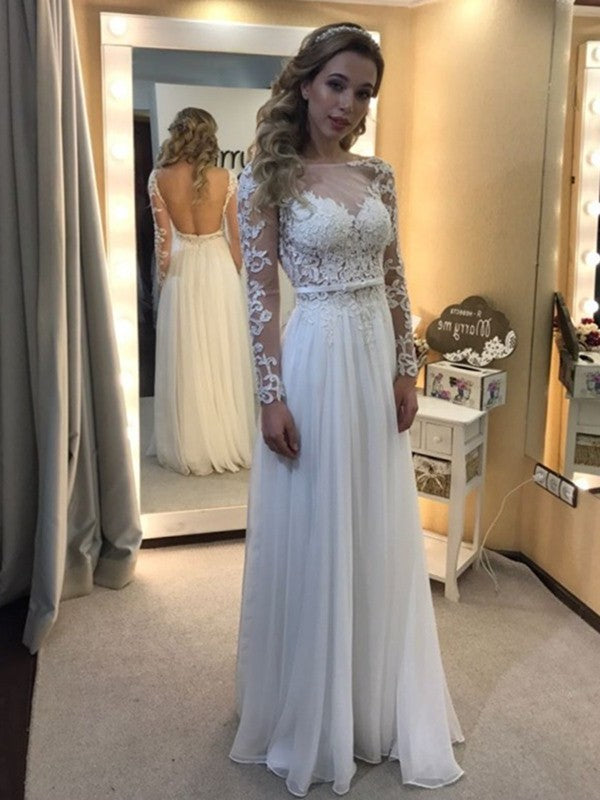 Floor-Length Sleeves A-Line/Princess Lace Bateau Long Chiffon Wedding Dresses