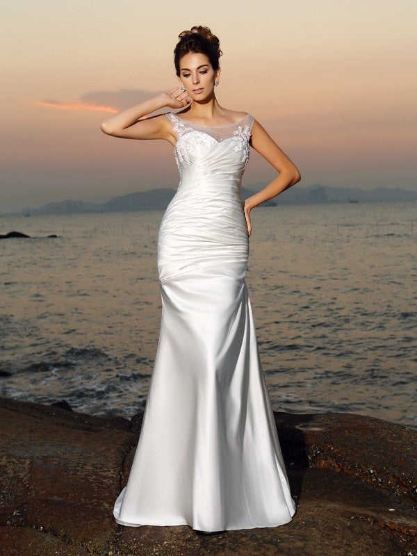 Sleeveless Long Beading Satin Trumpet/Mermaid Scoop Beach Wedding Dresses