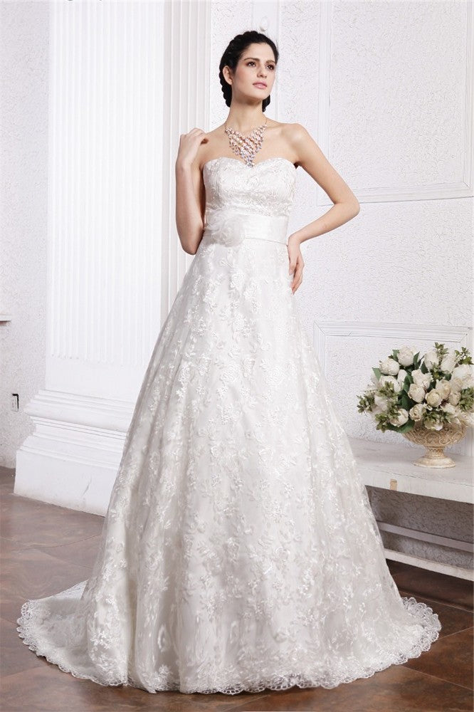 Sash Sleeveless Sweetheart Long A-Line/Princess Lace Wedding Dresses