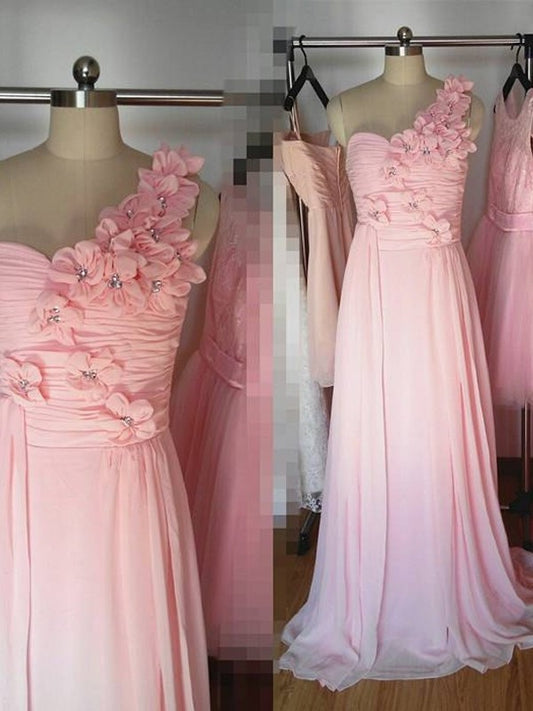 Hand-Made Sleeveless A-Line/Princess Floor-Length One-Shoulder Flower Chiffon Bridesmaid Dresses