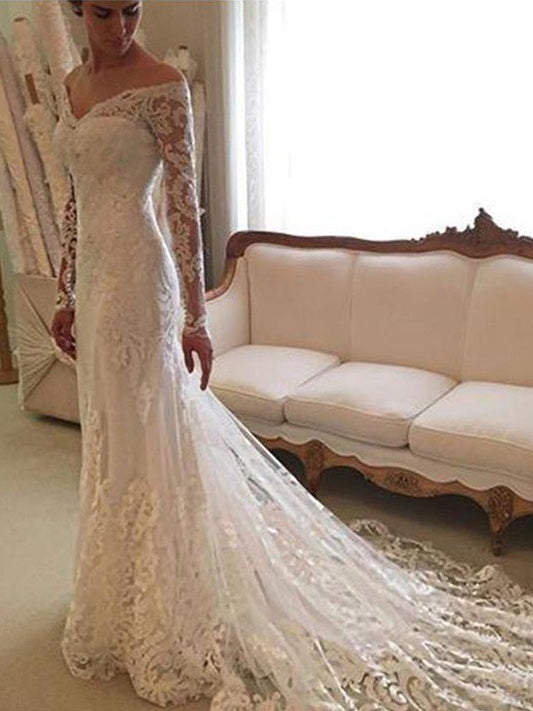 Lace Sleeves Sheath/Column Long Off-the-Shoulder Court Train Wedding Dresses