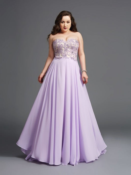 Long A-Line/Princess Chiffon Sweetheart Sleeveless Lace Plus Size Dresses