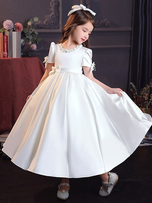 A-Line/Princess Short Tea-Length Satin Jewel Bowknot Sleeves Flower Girl Dresses