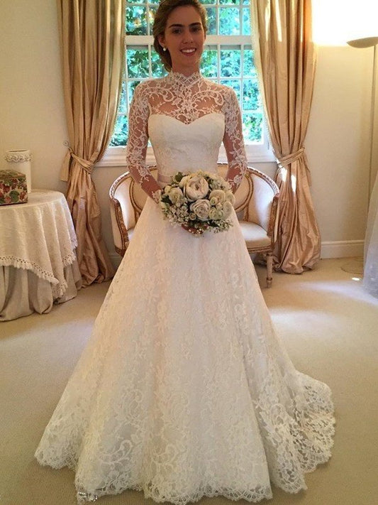 Sleeves Gown Neck Long Lace Court Ball High Train Wedding Dresses