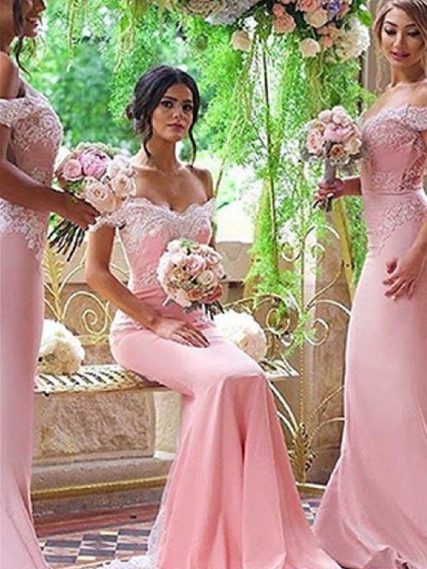 Sheath/Column Lace Off-the-Shoulder Sweep/Brush Sleeveless Train Satin Bridesmaid Dresses