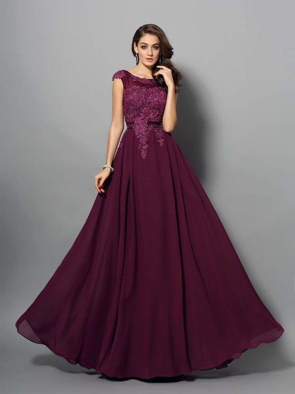 Sleeveless A-Line/Princess Scoop Applique Long Chiffon Dresses