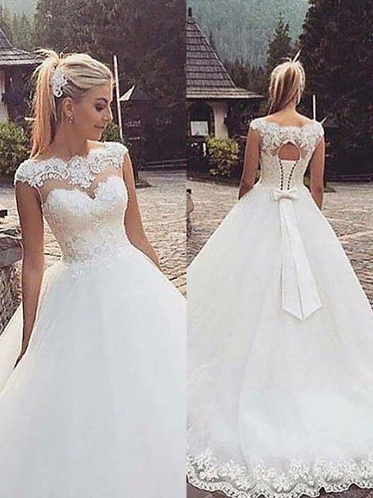 Sleeveless Lace Court Ball Bateau Tulle Gown Train Wedding Dresses