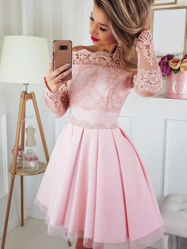 Off-the-Shoulder Long Lace Sleeves Satin A-Line/Princess Short/Mini Homecoming Dresses