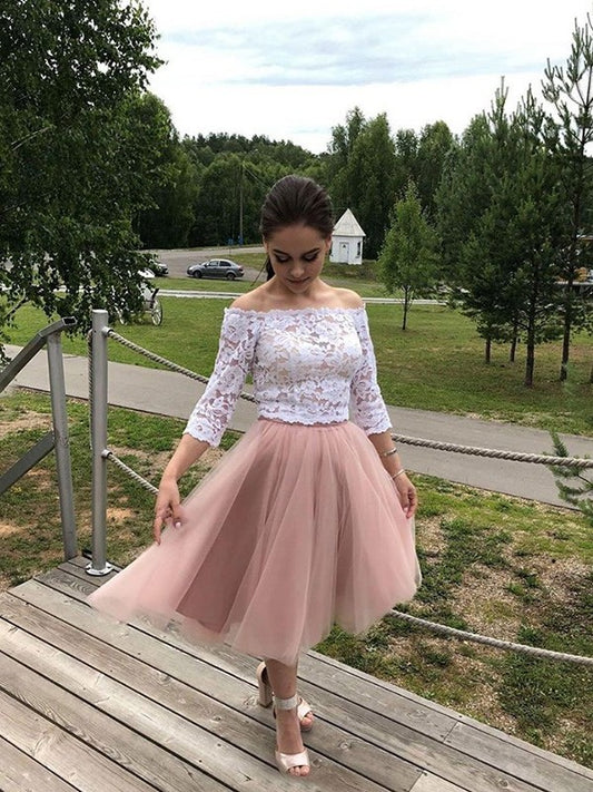 Long Sleeves Tulle Lace A-Line/Princess Off-the-Shoulder Tea-Length Homecoming Dresses