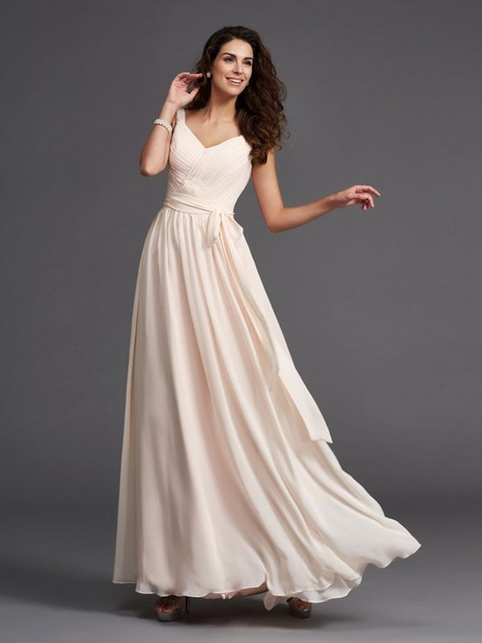 Long Sleeveless Straps A-Line/Princess Sash/Ribbon/Belt Chiffon Bridesmaid Dresses