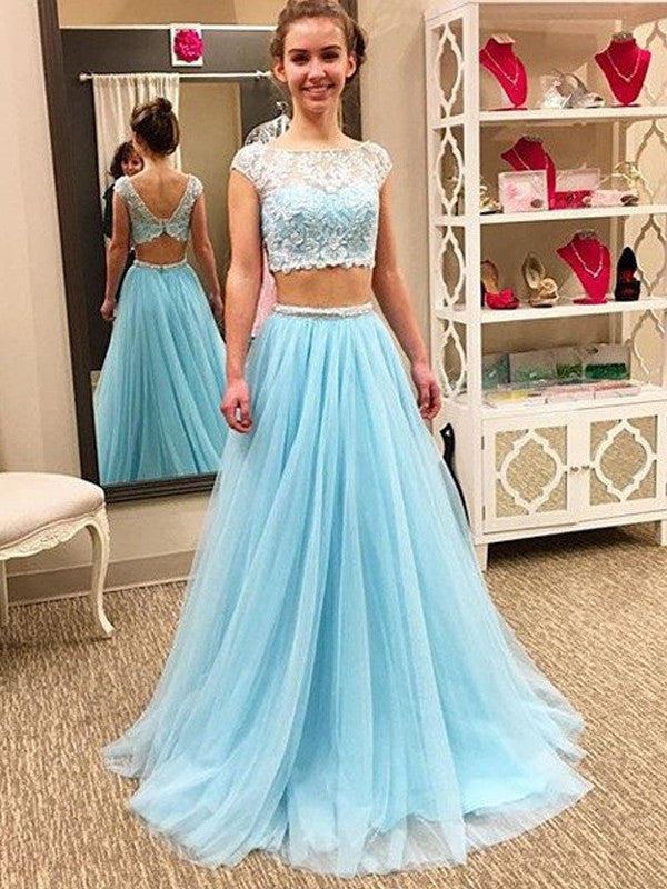 A-Line/Princess Floor-Length Tulle Sleeveless Scoop Beading Two Piece Dresses
