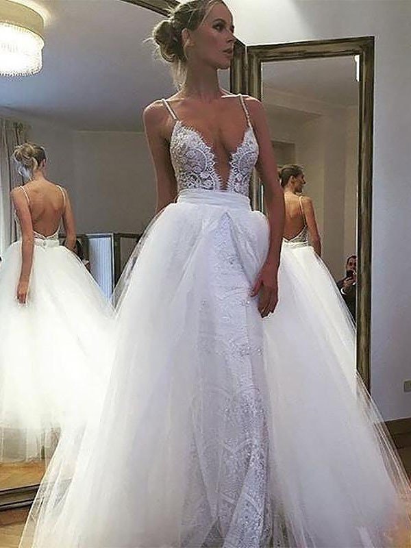Sleeveless Straps Tulle Spaghetti A-Line/Princess Lace Floor-Length Wedding Dresses