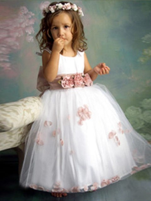 Tulle Long A-line/Princess Sleeveless Flower Hand-made Scoop Flower Girl Dresses