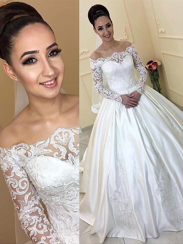 Gown Court Satin Sleeves Ball Long Off-the-Shoulder Train Wedding Dresses