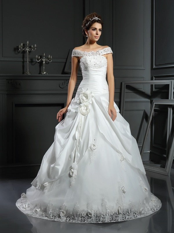 Gown Ball Hand-Made Long Off-the-Shoulder Flower Sleeveless Satin Wedding Dresses