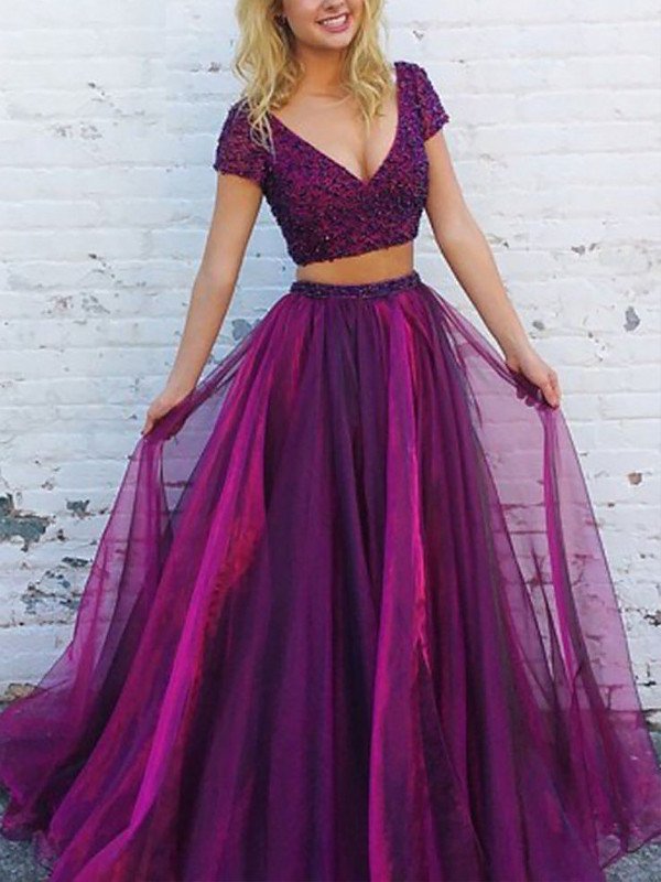 Floor-Length A-Line/Princess Short V-Neck Sleeves Tulle Beading Two Piece Dresses