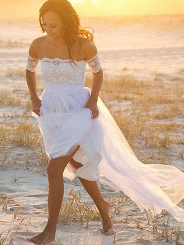 A-Line/Princess Off-the-Shoulder Chiffon Lace Sleeveless Floor-Length Wedding Dresses