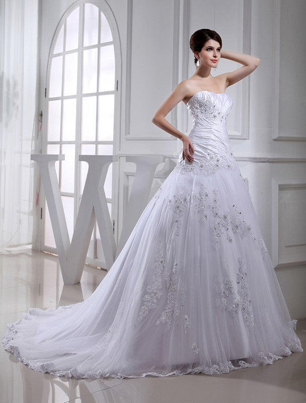 A-Line/Princess Sleeveless Long Strapless Tulle Beading Taffeta Wedding Dresses