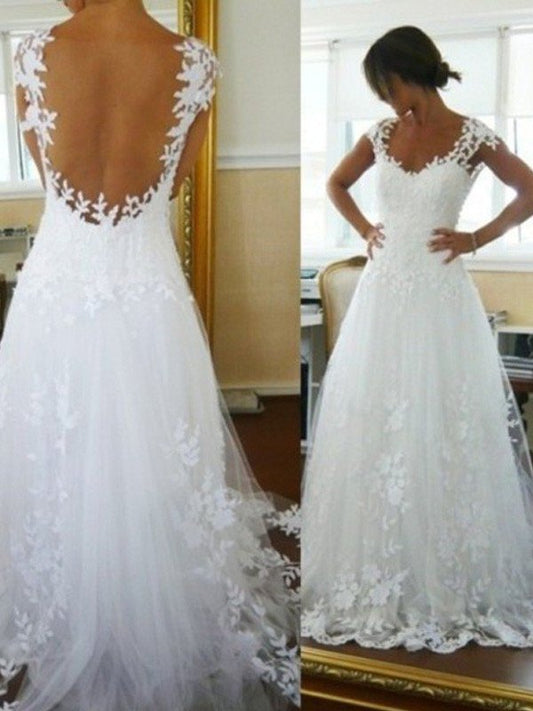 Sleeveless Sweep/Brush V-neck A-Line/Princess Lace Train Tulle Wedding Dresses