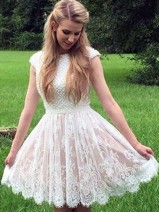 A-Line/Princess Pearls Sleeveless Neck Lace Sheer Short/Mini Homecoming Dress