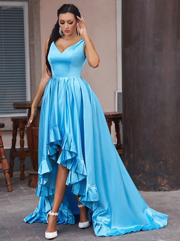 Satin Ruffles A-Line/Princess V-neck Sleeveless Asymmetrical Dresses