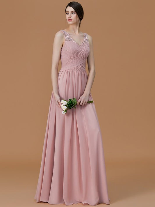 V-neck Floor-Length Beading A-Line/Princess Sleeveless Chiffon Bridesmaid Dresses